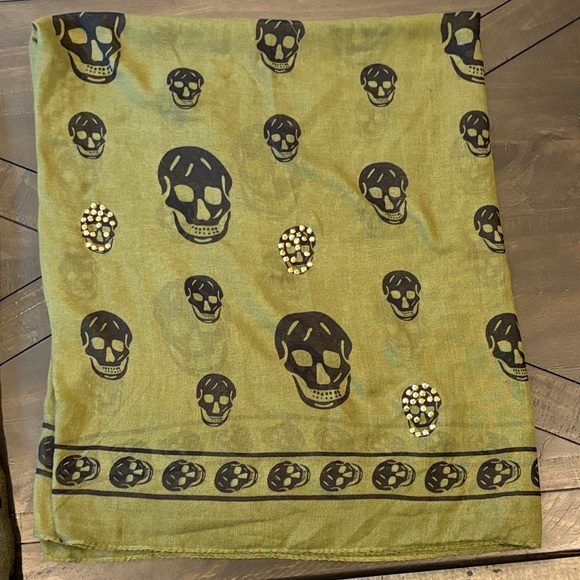 2 Olive Green and Black Skull Print Scarves - Picture 2 of 15